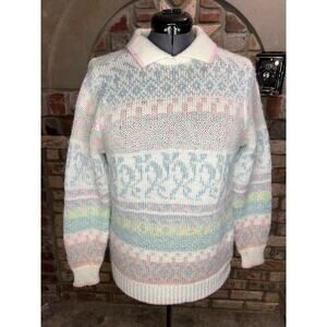 sweater patterned geometric leaves vintage 1980s pastel collared